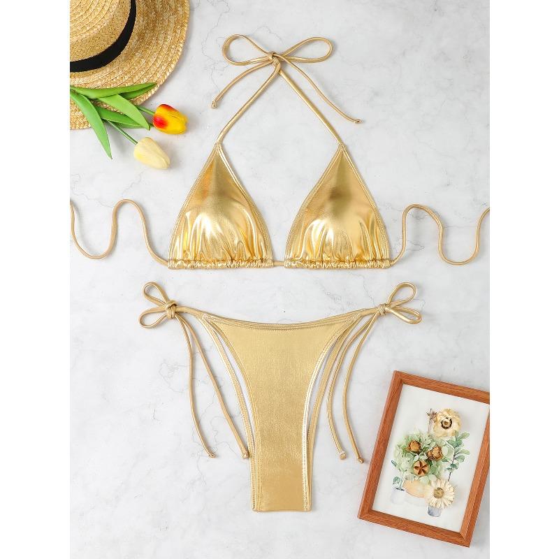INS retro sexy babes strap three-point bikini, white seaside photo resort swimsuit women S золотой