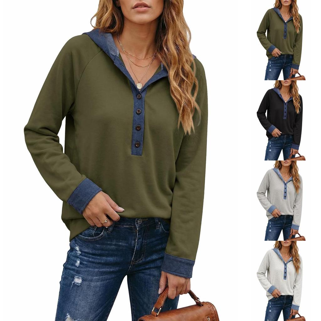 Women's Color Button Front Pullover Sweatshirt with Long Sleeves and Round Neck
