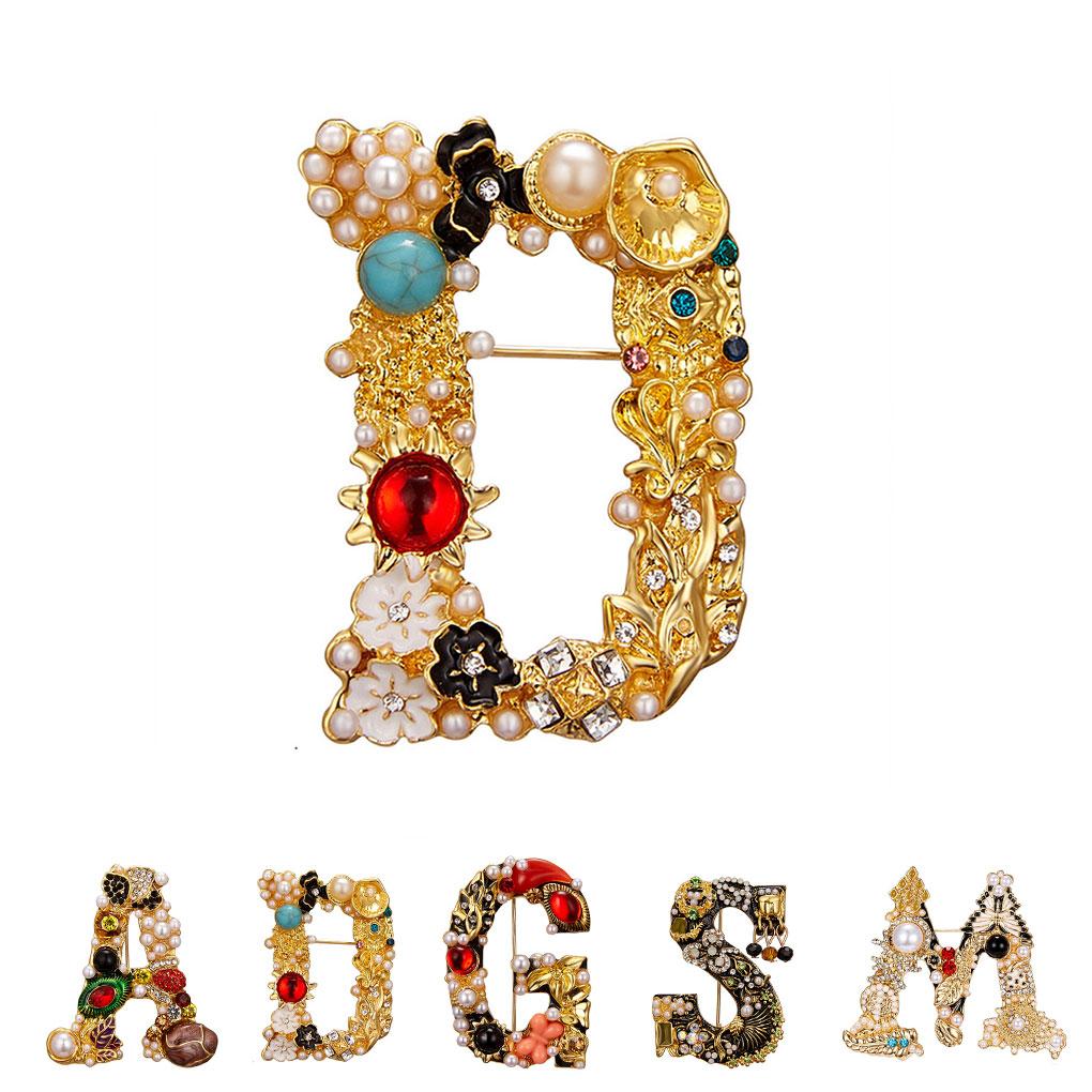 Letter Shaped Brooch Scarf Clothes Decorative Brooch Breast Pin Pearl Rhinestone Badge Jewelry A