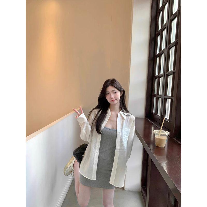 Kumikum Idle Style Thin Shirt Coat Women's Summer Silm Sling Dress Inner Skirt Two-piece Set