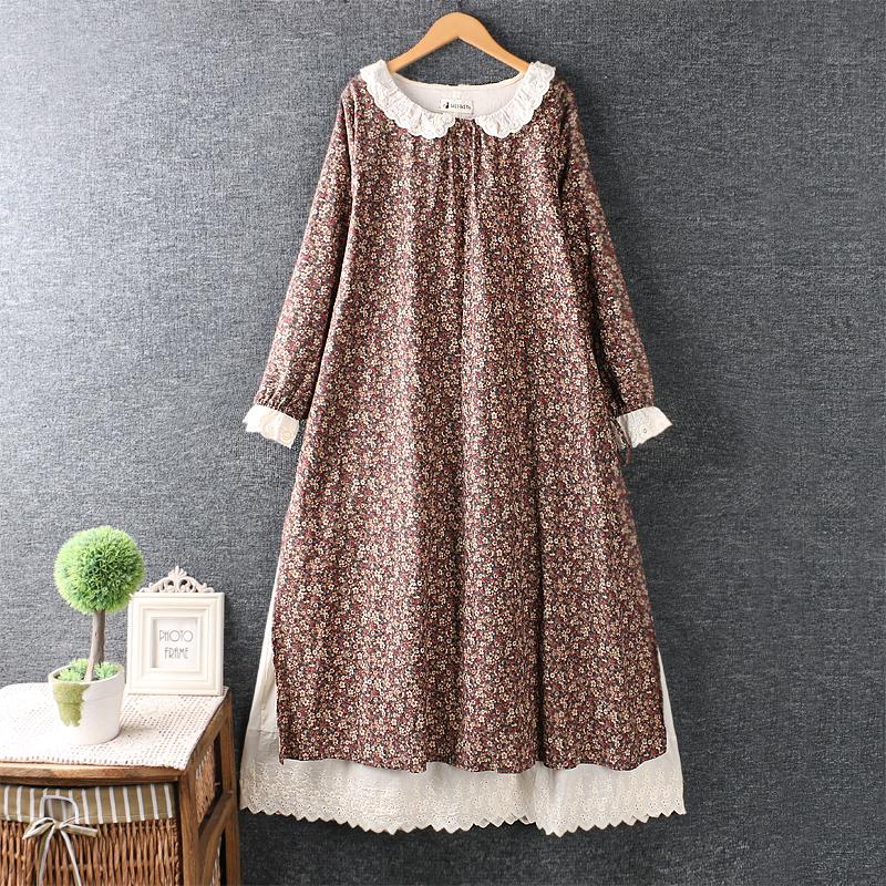 Spring Retro Japanese Style Embroidery Cotton and Linen Flower Loose Long-sleeved Dress Midi Dress