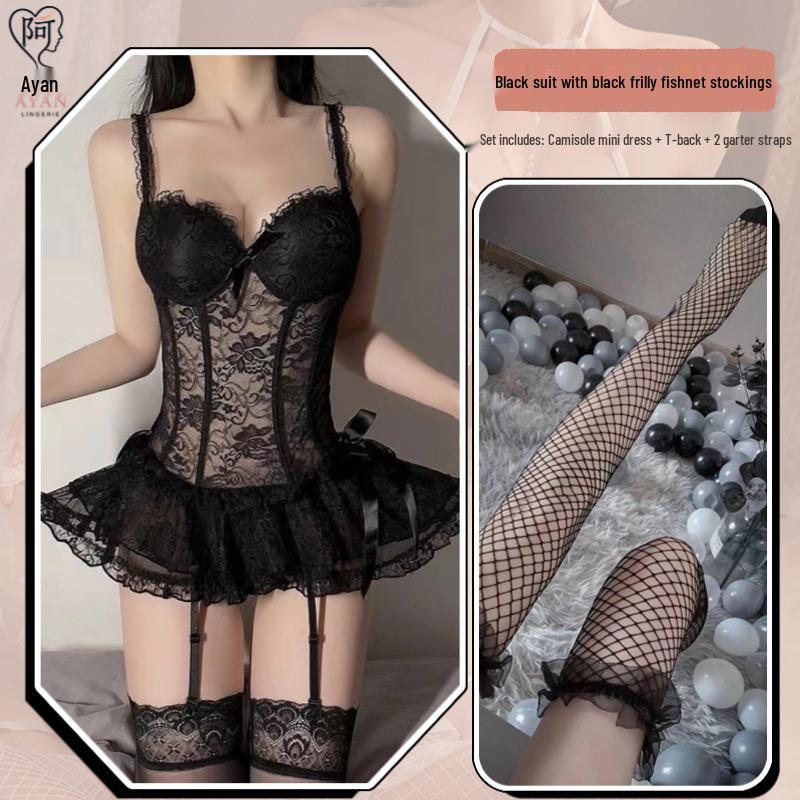 Seductive Lace Mesh See-Through Lingerie Bodysuit with Suspender Straps