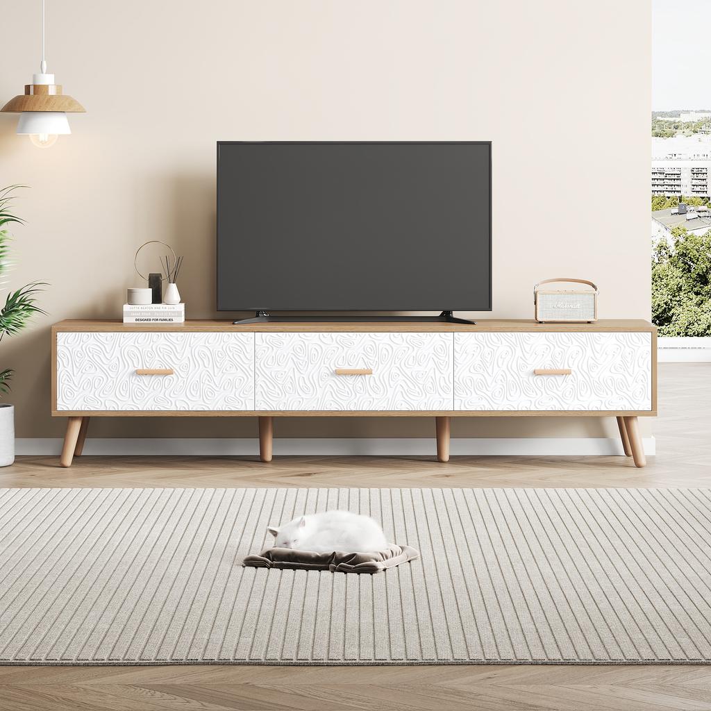 TV Low Panel Vintage, Wood TV Cabinet TV Table - Living Room Bedroom, Light Wood, Vintage Grain White Door Panel, 150*35*39cm