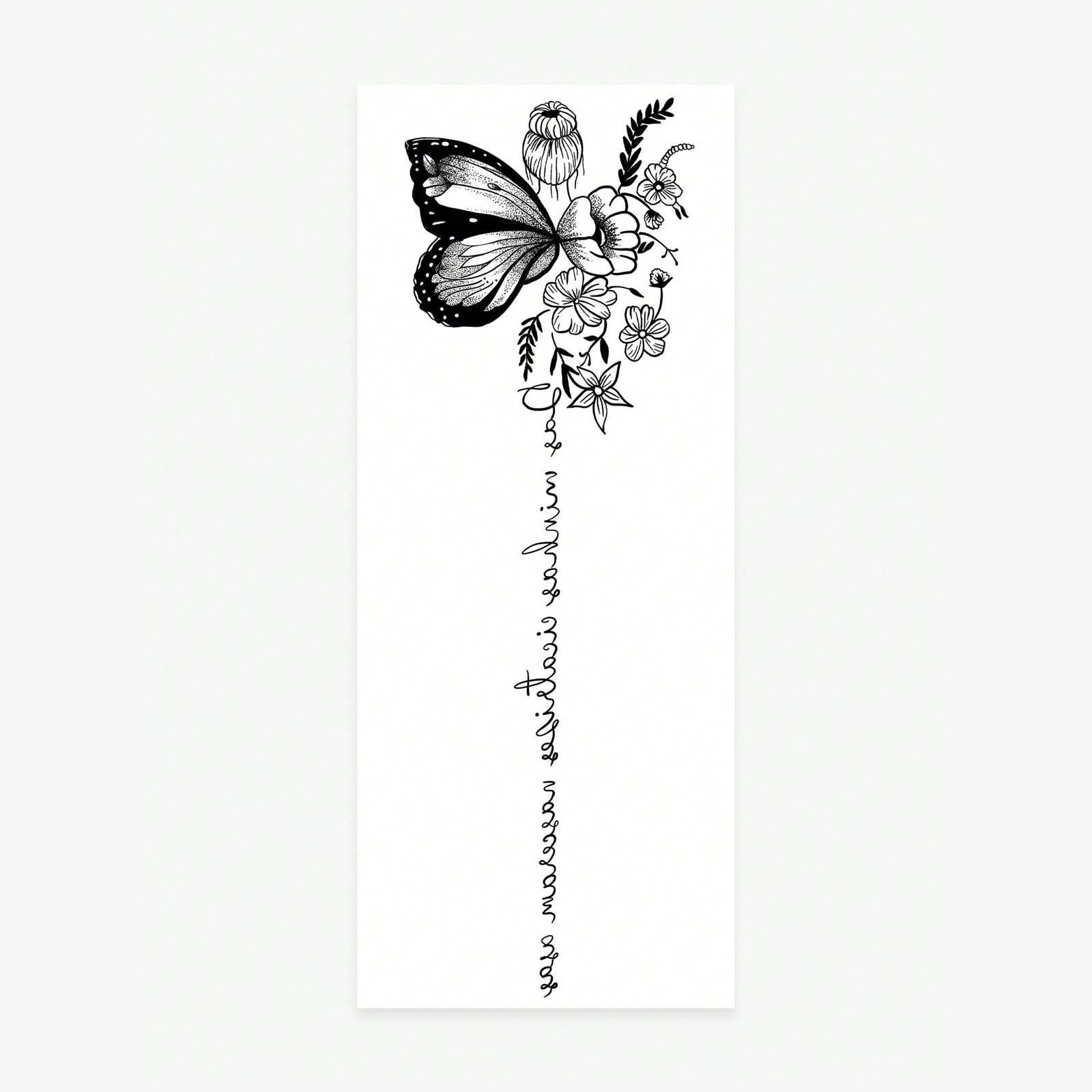 Flower Butterfly Dancer, English Sentence Back Tattoo Sticker Waterproof Female Long-Lasting Back Sexy Tattoo Sticker 22*9