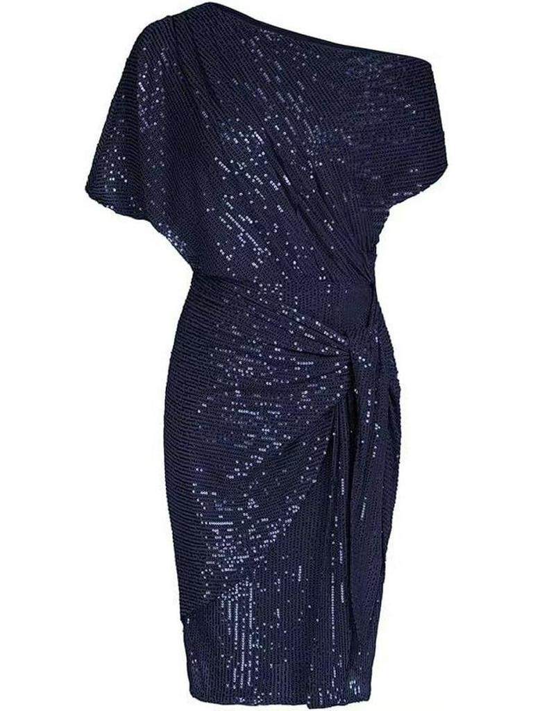 Cross-Border Glitter One-Shoulder Ruffled Party Dress for Women