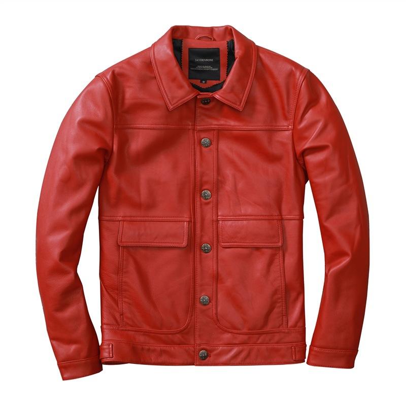 

New Autumn Leather Jacket for Men s Genuine Leather Short Slim Lapel Soft Top Layer Cowhide Leather Handsome Leather Jacket Red Jacket S красный