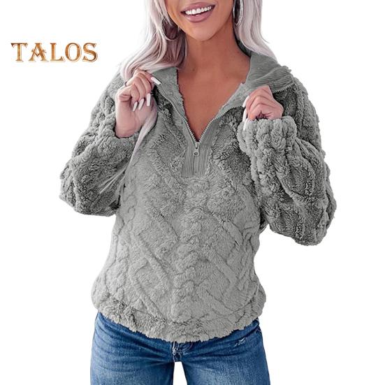 Winter Women Sweatshirt Zippered Turn-down Collar Rhombus Texture Plush Thick Long Sleeves Solid Color Keep Warm Autumn Top