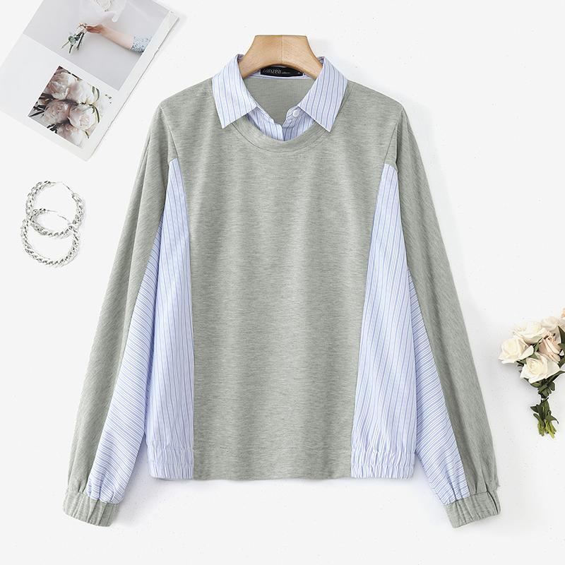 

ZANZEA Женская повседневная блузка с длинным рукавом в стиле пэчворк и отложным воротником 5XL серый