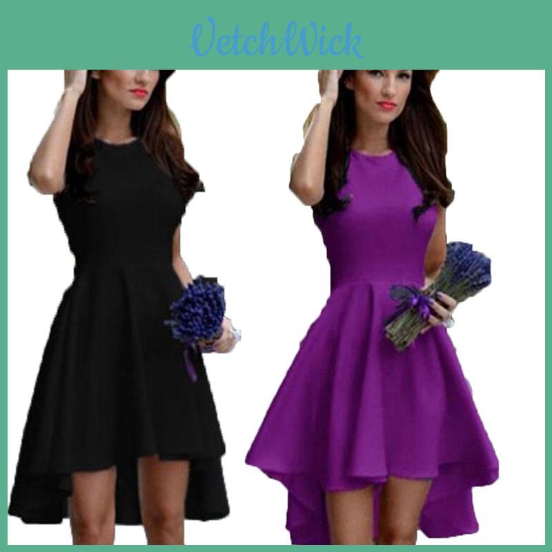 Fashion Women Sleeveless Asymmetric Hem Casual Sundress In Elegant Pure Color