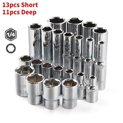 13ks Krátka/11ks Hlboká Hi-Spec 1/4" Sada nástrčných kľúčov Adaptér Krátke Dlhé Nástrčné kľúče 4-14mm Hlboká nástrčná hlava Nástroj Krútiaci moment Kľúč Račňový nástrčný kľúč