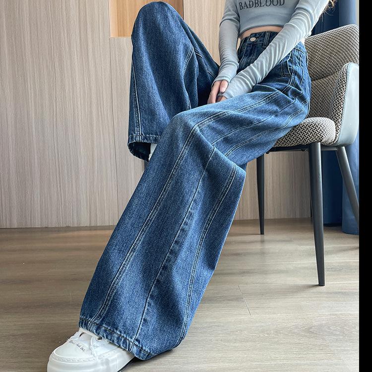 Women's High Rise Barrel Jeans Loose Fit Stitched Panel Washed Blue Wide Leg Long Trousers American Vintage Casual Style