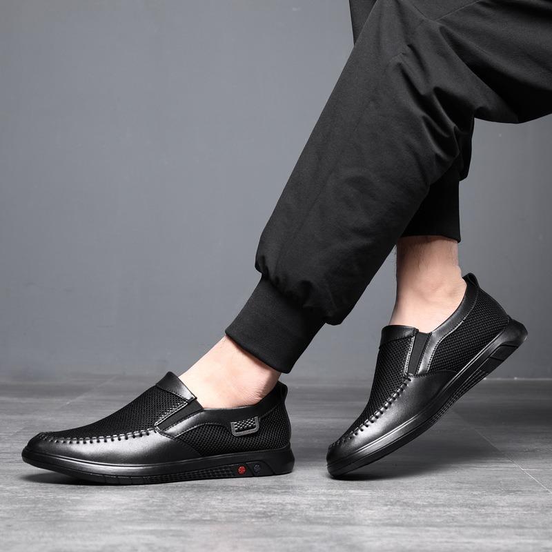 [Cowhide] Summer Mesh Shoes Breathable Men's Mesh Shoes Non-slip Soft-soled Casual Leather Men's Shoes Lazy Shoes One Pedal