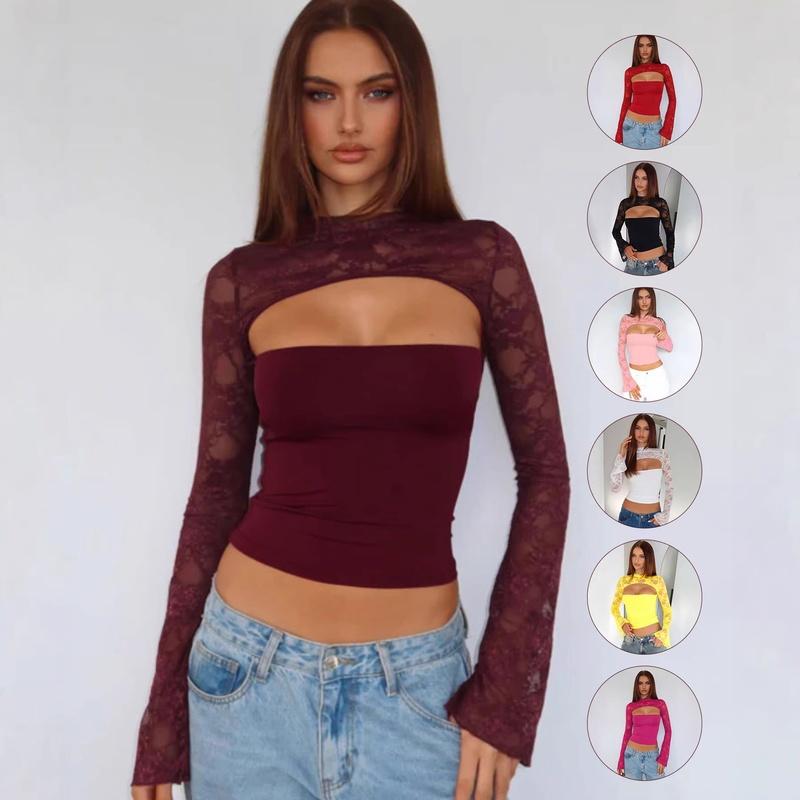 Women's Lace Long Sleeve Going Out Tops Sexy Y2K Crew Neck Cutout Double Lined Slim Night Out Shirts
