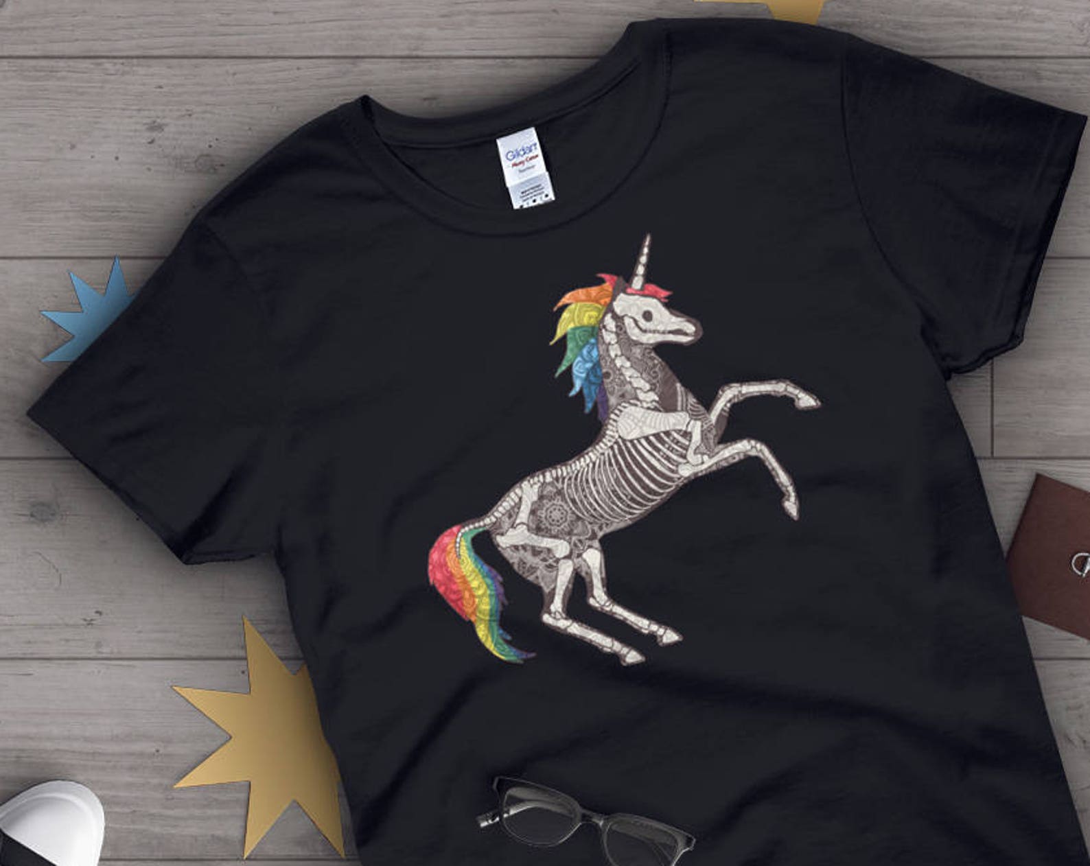 Unicorn Skeleton Shirt, , Unicorn Lover Gift, Cool Unicorn T-shirt, Unicorn Tshirt, Graphic Tee, Tops, Horse, Blue, Pink, Rainbow 160