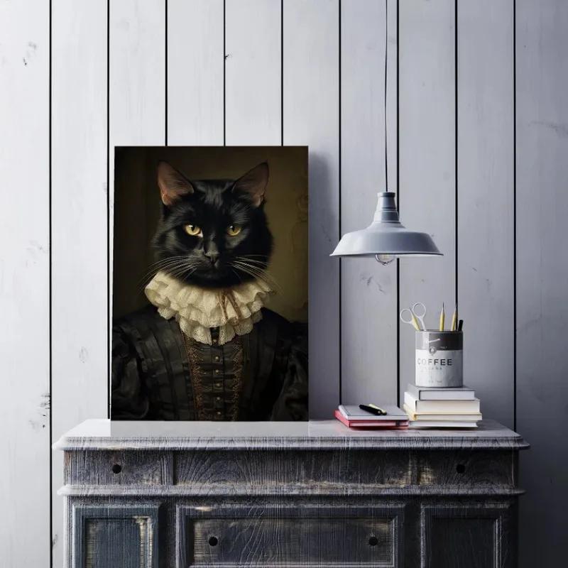Retro Renaissance Animal Portrait Poster Fox Black Cat Lion Owl Royal Pet Canvas Painting Funny Wall Art Living Room Home Decor