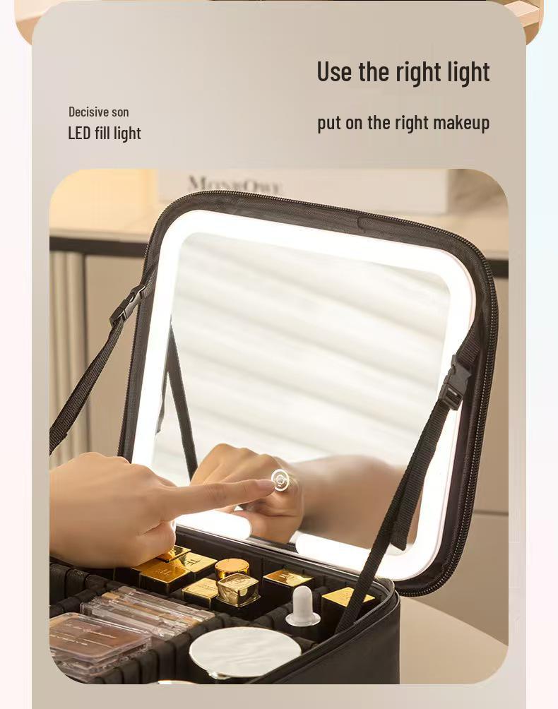 Large Capacity Women's Travel Makeup Bag with Mirror & Light for Beauty & Nail Art