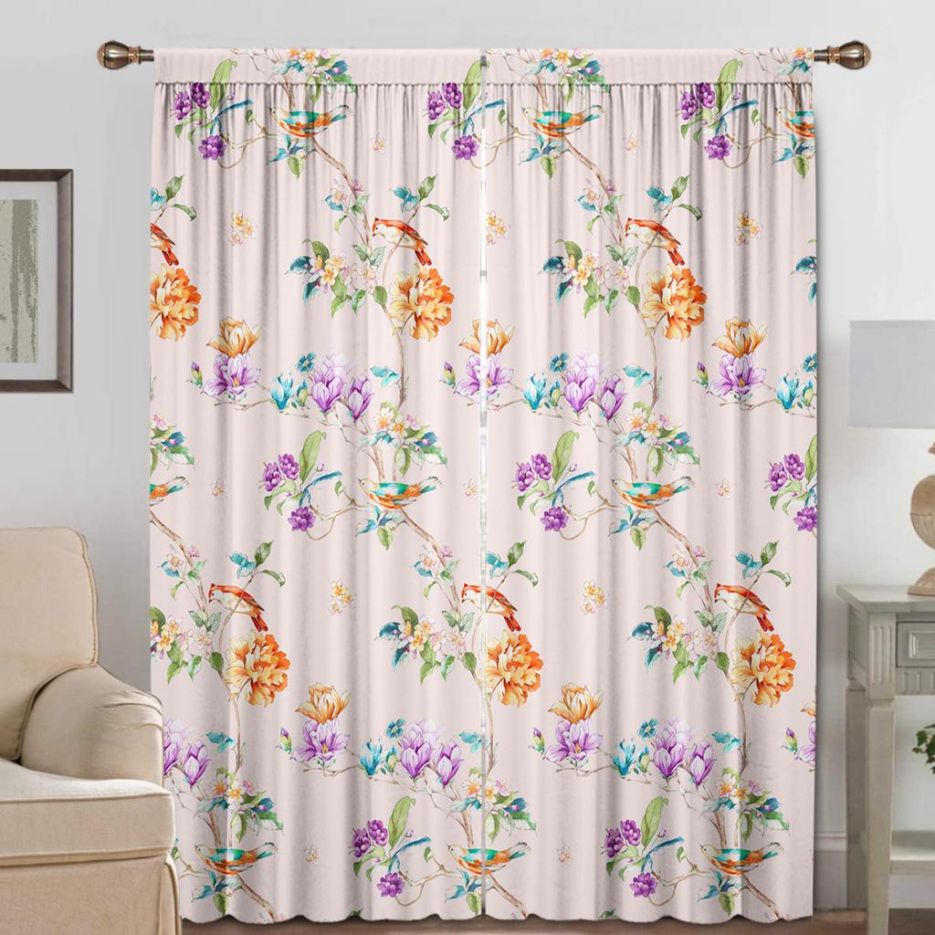 2PC Home Decoration Curtains With Light Purple Flowers And Rod Pocket Curtains, Kitchen, Coffee Shop,Living Room, Balcony, Gard