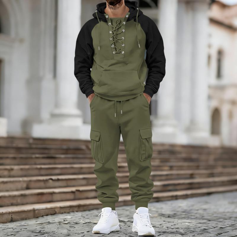 Herren Kapuzenpullover mit Schnürung und Raglanärmeln und Cargo Jogginghose Zweiteiliges Set