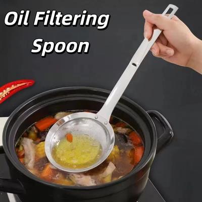 Long Handle Stainless Steel Oil Skimmer Reusable Comfortable Handle Oil Filtering Spoon Household Durable Kitchen Strainer