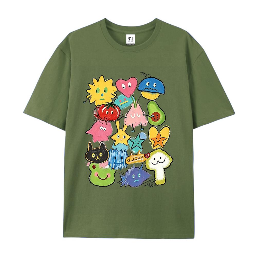 Unisex Buntes Doodle Cartoon Grafik T-Shirt Glückliches Monster Fruchtprint Oversize Dopamin Sommer Lässiges Kurzarm-T-Shirt