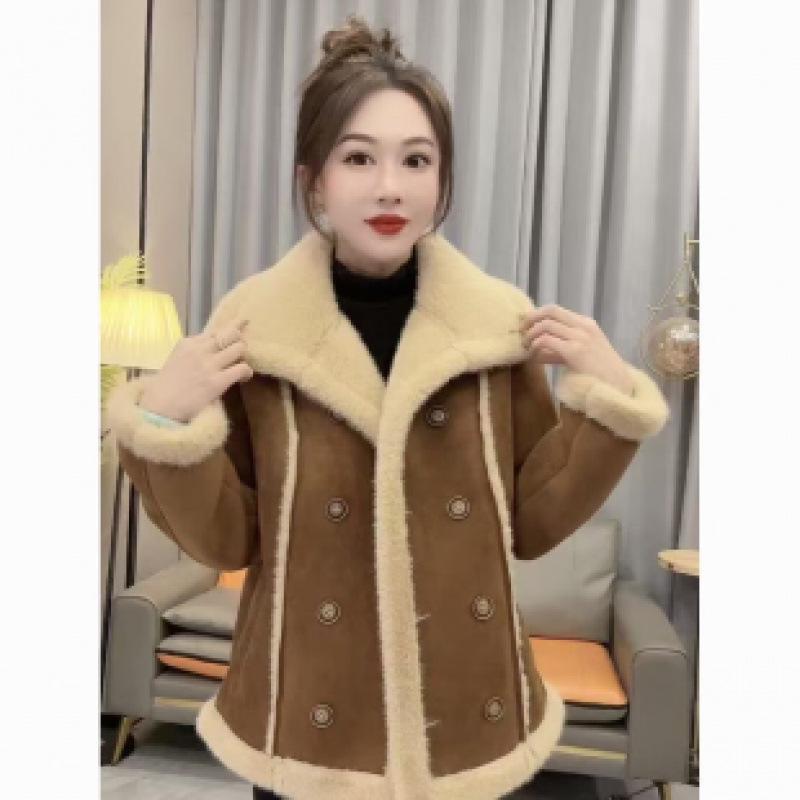 Double-Breasted Lapel Leather-Fur Jacket: Stylish, Chic, Versatile, Loose-Fit Women's Casual Top