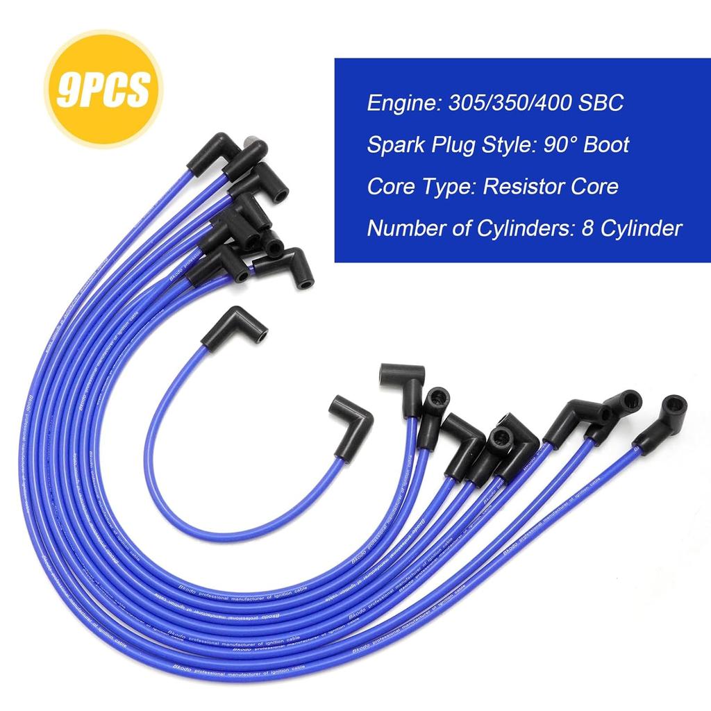 9Pcs 64602 High Energy 8Mm Spark Plug Wires Set Replacement For Chevy/GM 1974-1988 305 350 400 SBC Plug Wires Engine 90° Boot Spark Plug Wire