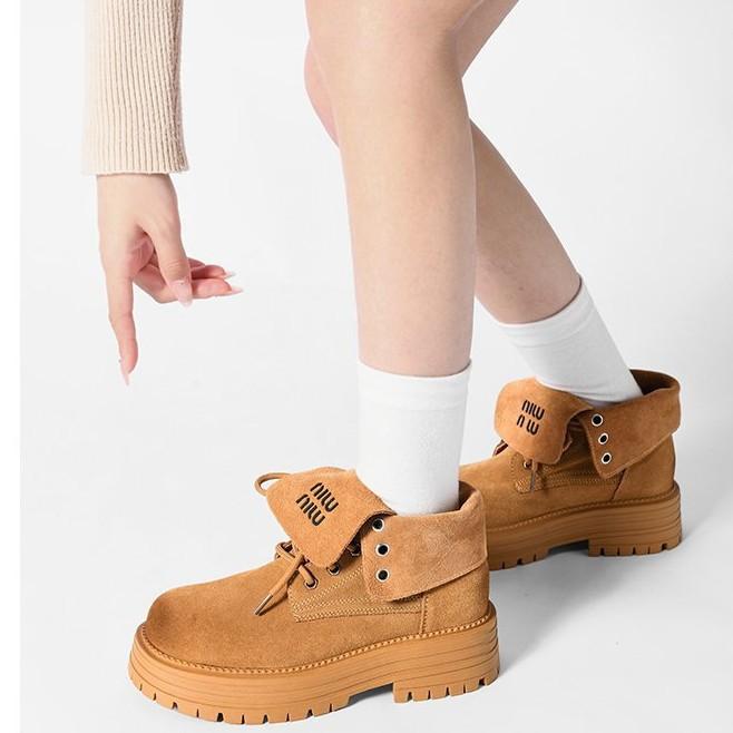 Cizme Miu~ cizme Martin din piele moale pentru femei 2025 noi cu rever, două moduri de purtare, cu talpă groasă, cizme mari galbene, cizme scurte populare europene