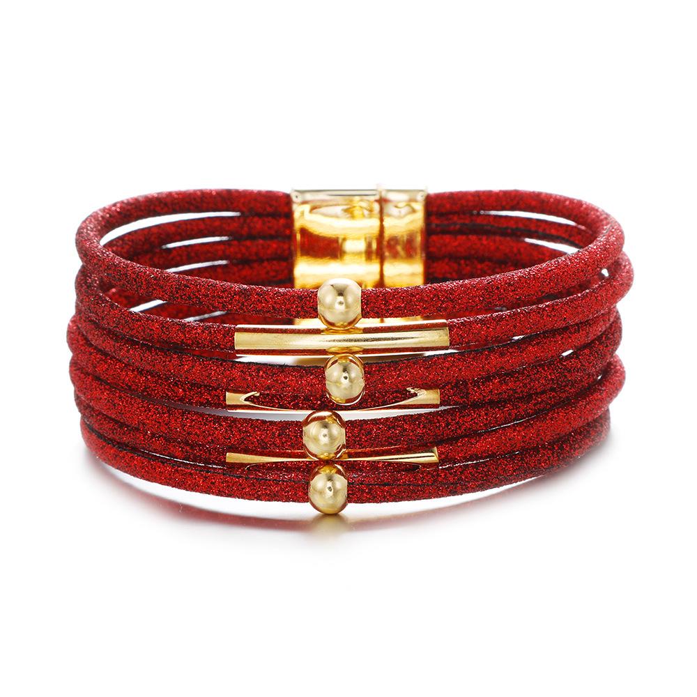 Leopard Print Magnetic Buckle Leather Bracelet: Alloy Beaded Cord with Copper Tube