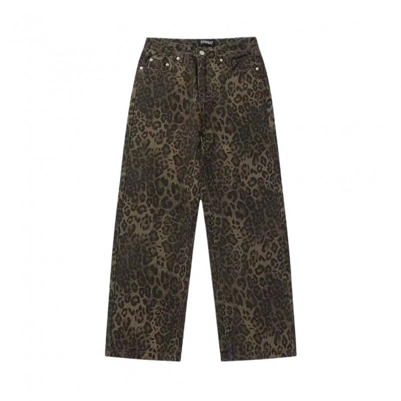 Unisex Vintage Leopard Print Straight Fit Denim Jeans Loose Hip Hop Streetwear Pants Youth