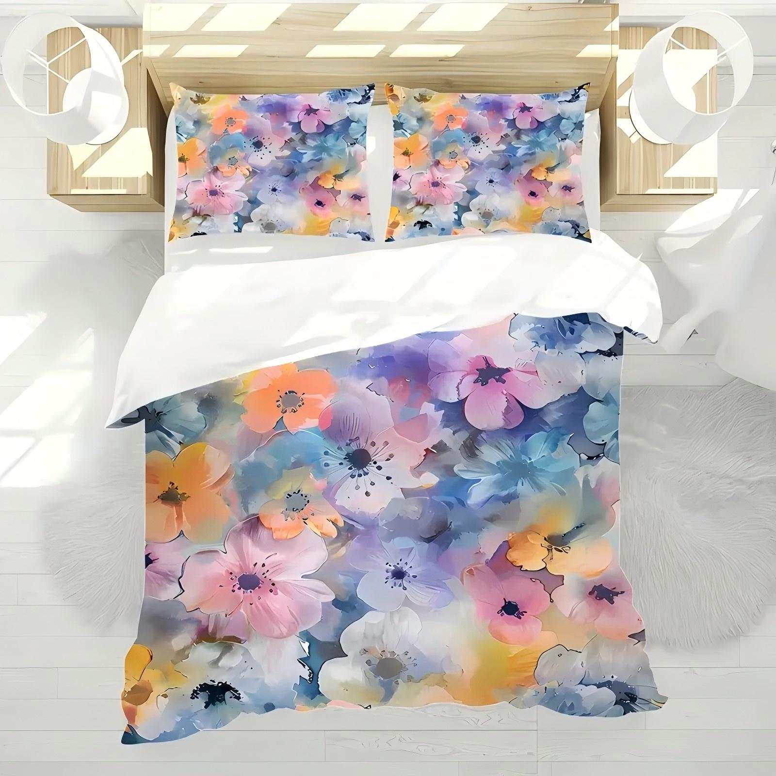 

Colorful Watercolor Floral 3D Printed Bedding Cover Vibrant Flower Lightweig Duvet Cover For Teens Adults Quilt Cover Pillowcase 135x200cm 2pcs