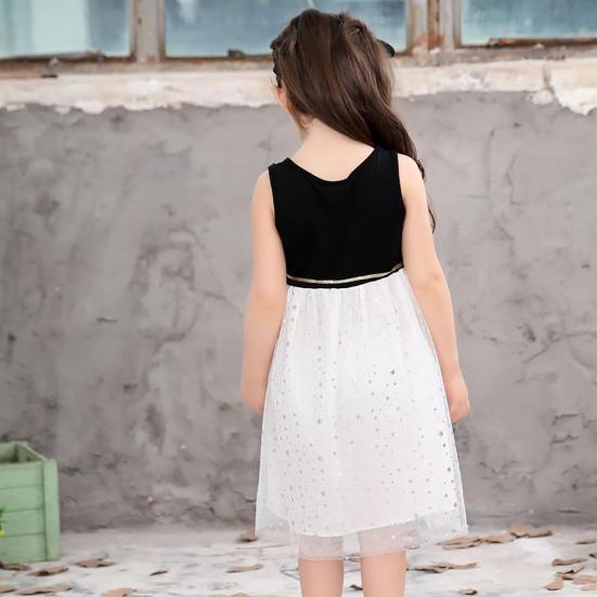 Sleeveless Dress Gold Star Print Soft Pullover Girls Mesh Stitching Dress for Vacation