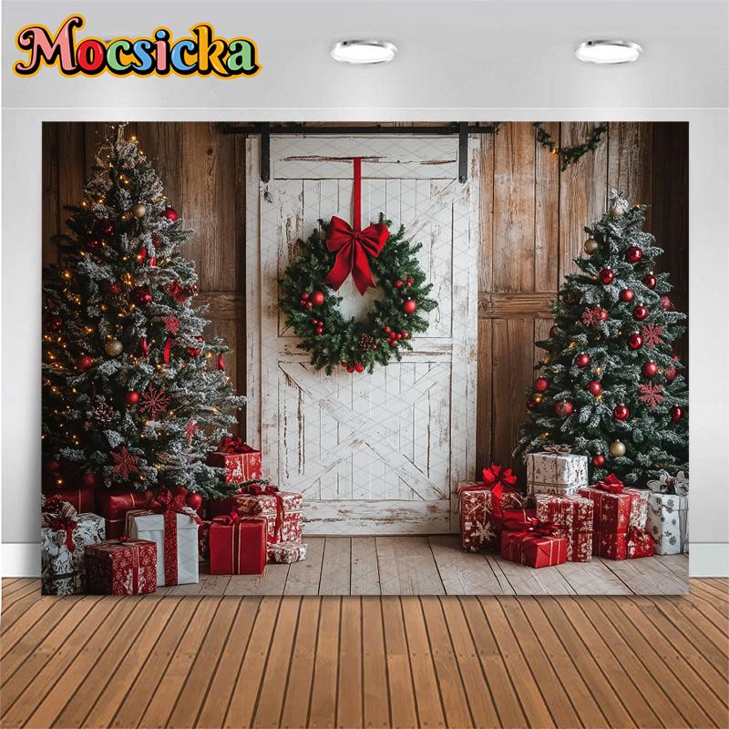 Mocsicka Photography Background Christmas Tree Door Decoration Child Family Holiday Party Studio Backdrop Shooting Studio Banner