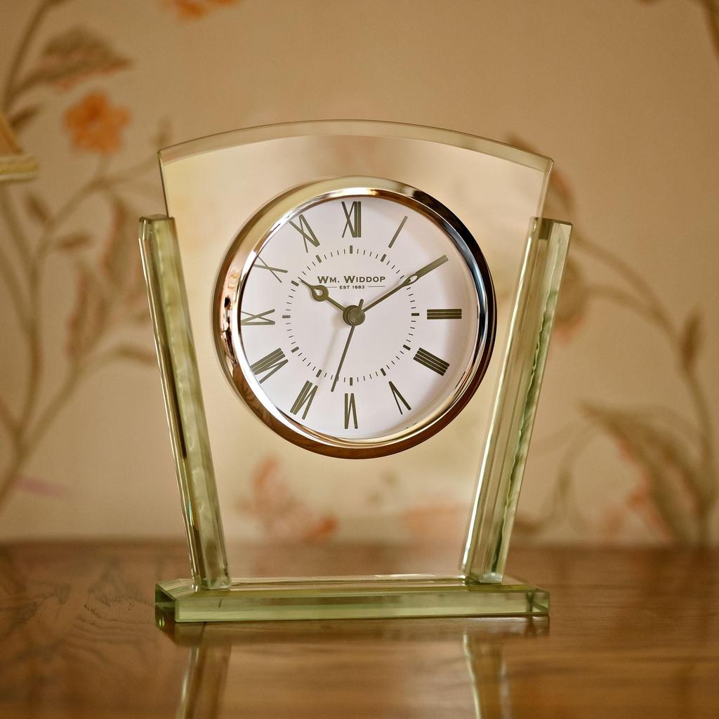 Wm.Widdop 2 Layered Silver Bezel Glass Mantel Clock