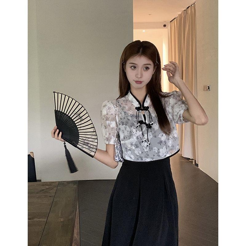 ZY New Chinese Jacquard Button Thin Short Sleeve Blouse Suspender Dress Women's Summer New