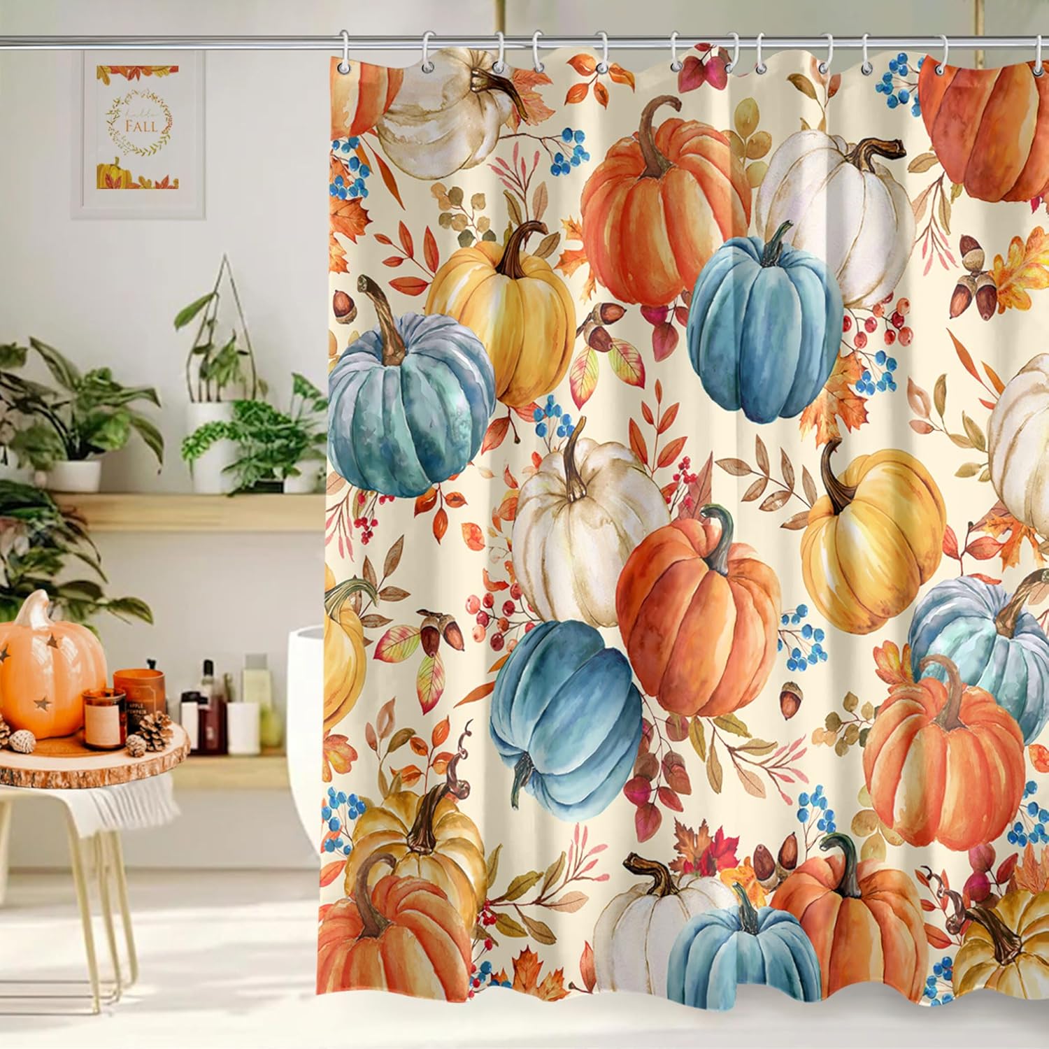 

Fall Pumpkin Maple Leaf Shower Curtain with Autumn Thanksgiving Pattern, Waterproof Seasonal Bathroom Decor for Home 90x180cm35x71in