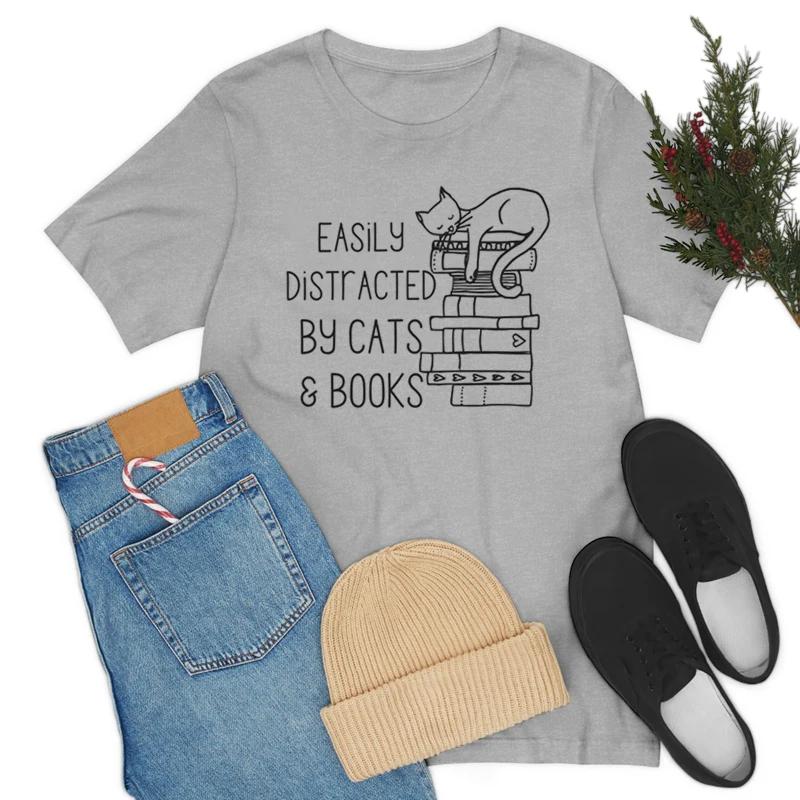 Cats Books Womens Cute Cartoon TShirt Casual Loose Book Lover T Shirt Cat Mom Shirt Literature Tshirt Bookish Graphic Tees Top