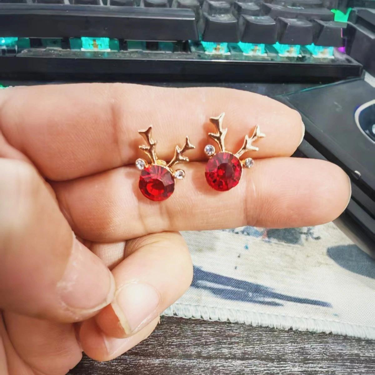 Red Diamond Deer Antler Stud Earrings - Trendy and Cute Korean-Japanese Gift for Women 22K