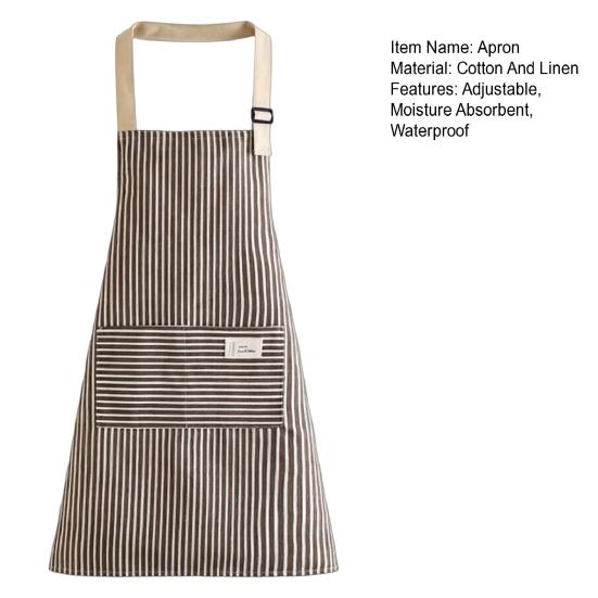 Delantal con Peto Ajustable con Bolsillo Grande de Parche Rayas de Algodón y Lino Delantal de Cocina Transpirable Resistente al Aceite Delantal de Cocina para Hombres Mujeres