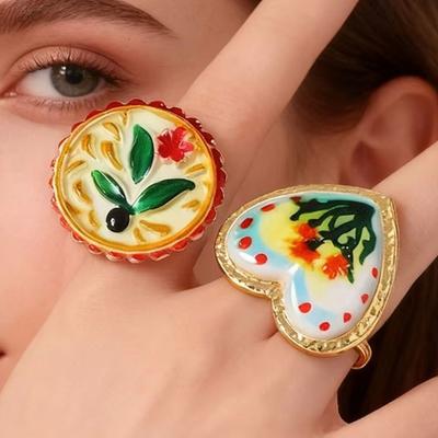 Pomegranate Printing Enamel Flower Ethnic Style Ring Irregular Rotundity Heart-shaped Vintage Metal Geometric Ring Colorful