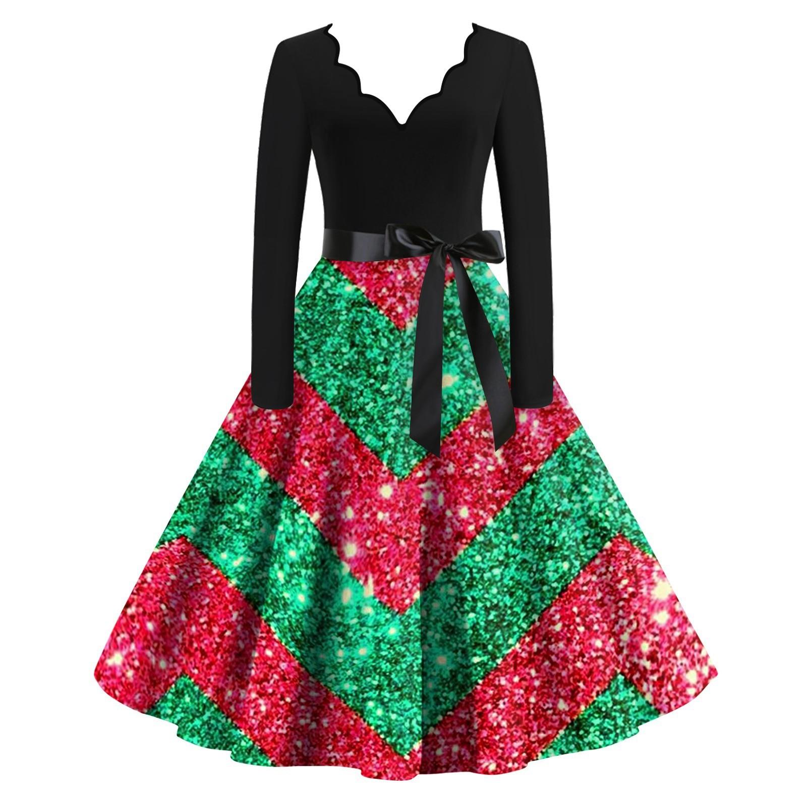 

Женское облегающее платье свободного кроя с принтом в виде снежинок и рождественской клеткой, контрастным V-образным вырезом и длинными рукавами XL розового золота