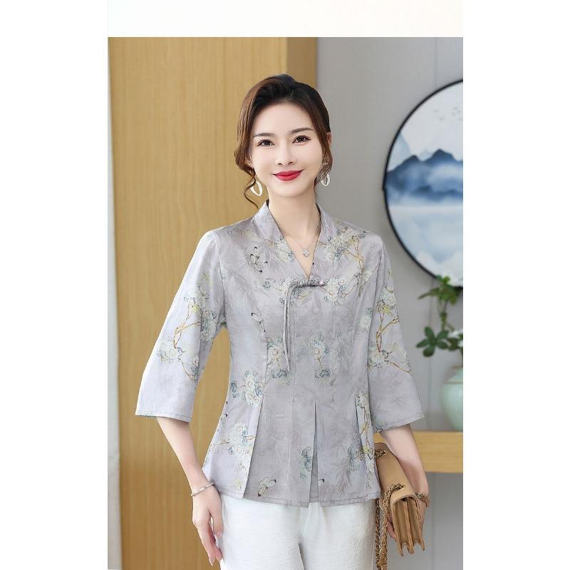 Damen Bluse im chinesischen Stil mit Blumendruck, Halbarm, Froschknöpfen, Lässiges Oberteil