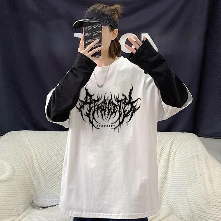 Women Star Y2K Print Graphic Fake Two Long Sleeved T-shirts Fashion Gothic Retro Casual Loose Fake Two Long Sleeved T Shirt