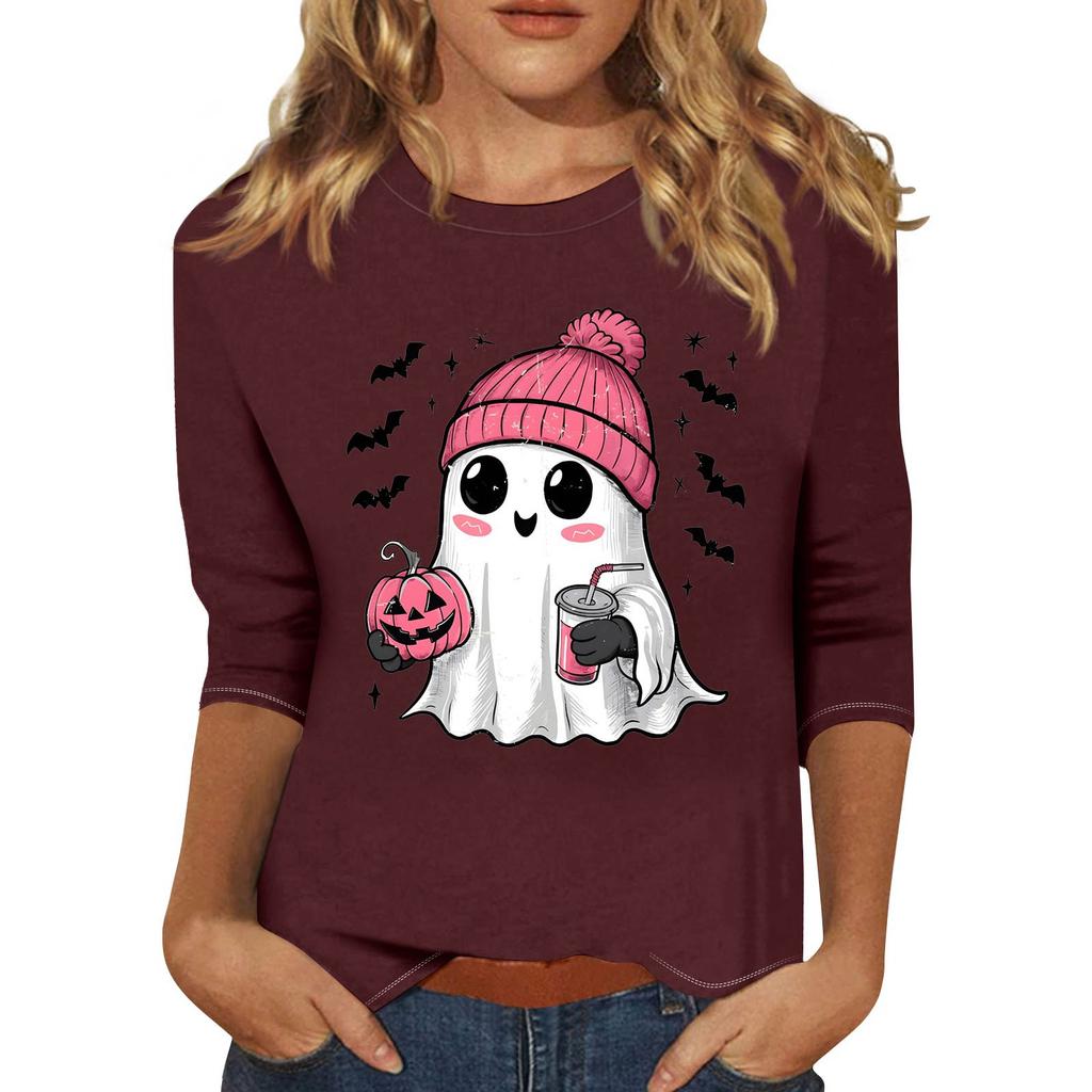 Women's Fashion Casual Three-Quarter Sleeve Halloween Print Round Neck T-Shirt Top
