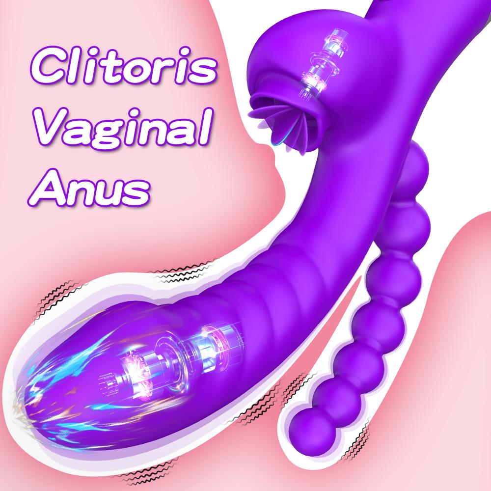 3 In 1 Clit Licking Dildo Vibrator for Women with Anal Beads Clitoris G Spot Anus Stimulator Vibrator Couple Sex Toy Adult Goods
