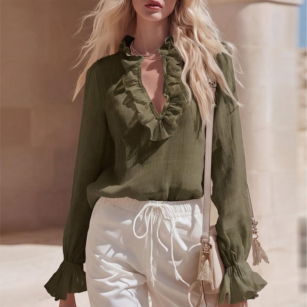 Women's Fashion V Neck Long Sleeve Vintage Ruffle Blouse Pullover Top with Elegant Frill Collar and Cuffs for Casual Wear