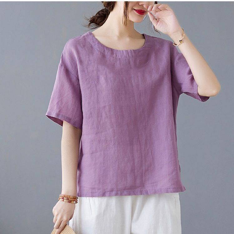 

Cotton and linen embroidered short-sleeved T-shirt summer new loose women s clothing embroidered literary shirt retro large-size versatile top XXXXL світло-фіолетового кольору