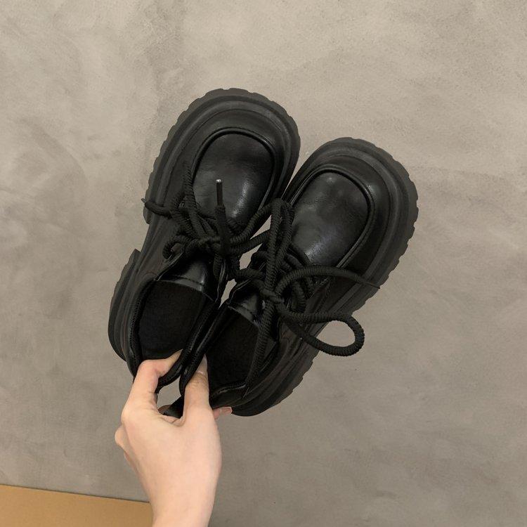 Soft leather version~ British style platform small leather shoes women's 2025 new spring height-increasing single shoes lace-up black loafers