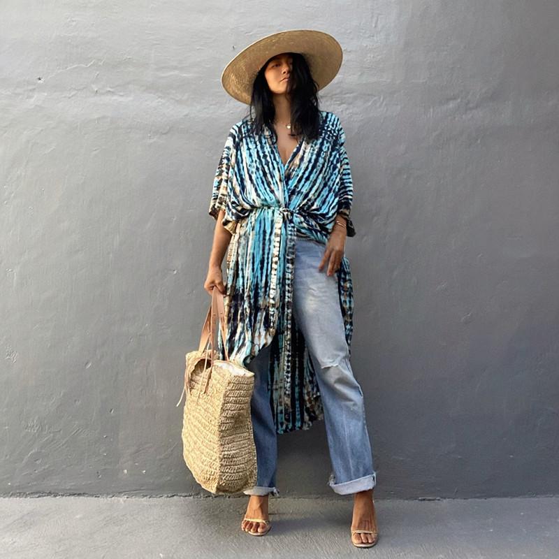 2022 Bikini Cover-ups Black Retro Striped Self Belted Plus Size WomenSummer Kimono Dress Beach Wear Swim Suit Cover Up Q1225