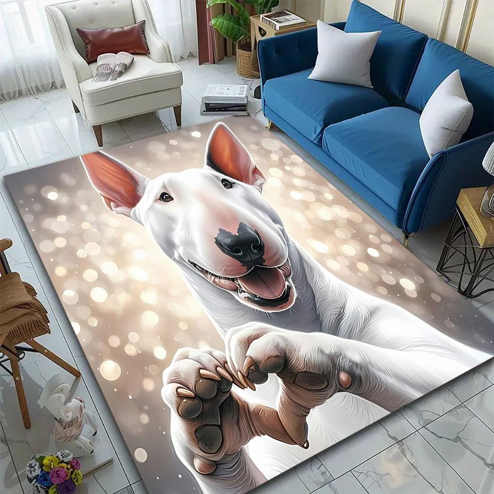 "Adorable Bull Terrier with Heart Gesture" Patterned carpet, suitable as a non slip play mat for the living room and bedroom sofa