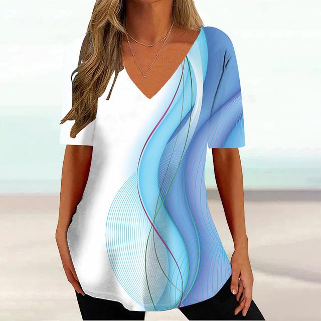 Gradient Stripes Printed V-neck Short Sleeved T-shirt Versatile Comfortable Fashionable Casual Women's T-shirt